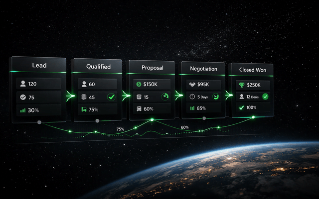 Panel de control digital con métricas analíticas de fases comerciales, desde la propuesta hasta el cierre de negocios en una interfaz tecnológica oscura.