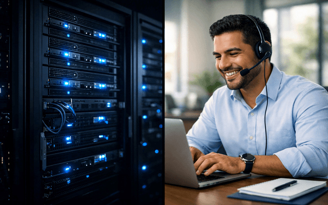 Un asesor de ventas sonriente con auriculares trabajando frente a su computadora al lado de un servidor de datos e infraestructura tecnológica.
