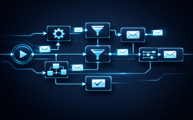Flujo automatizado de email marketing con inteligencia artificial mostrando embudos, correos y procesos conectados.