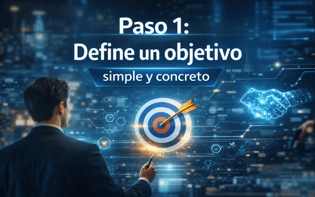Texto explicativo 'Paso 1: Define un objetivo simple y concreto' sobre un fondo tecnológico azul con un blanco de tiro y una flecha en el centro.