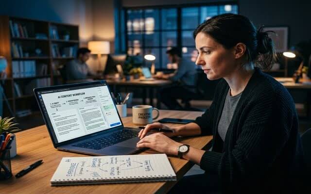 Una mujer trabajando detalladamente en una laptop dentro de una oficina compartida con iluminación cálida.
