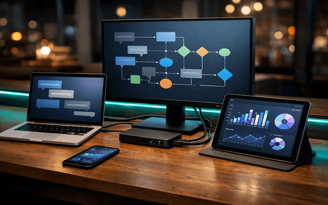 Una estación de trabajo con laptop, tableta y un monitor central que muestra un diagrama de flujo organizado con nodos y bloques de procesos interconectados.