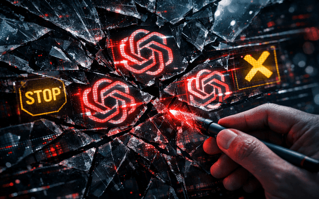 Mano con puntero digital señalando logos de ChatGPT de color rojo sobre un cristal roto.