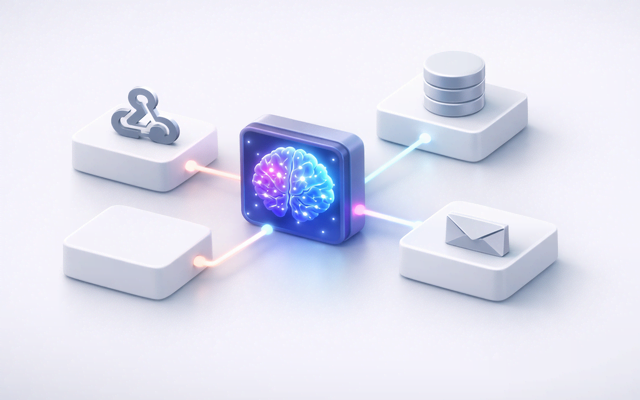 Modelo isométrico en 3D de un procesador con forma de cerebro iluminado, conectando bases de datos, correos electrónicos y automatización de flujos de trabajo.