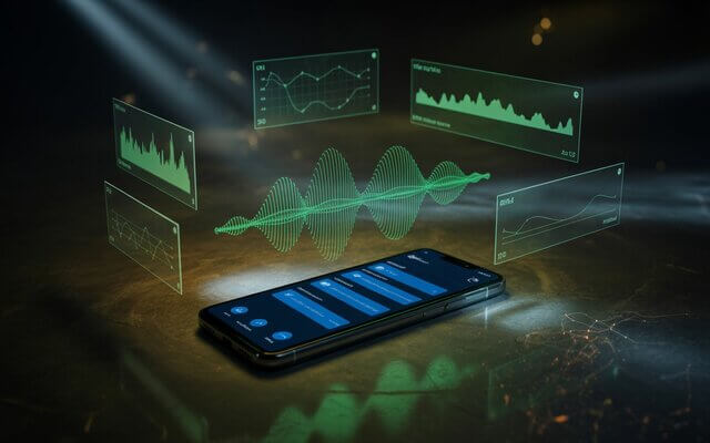 Teléfono inteligente proyectando gráficos de análisis de voz y ondas de audio digitales en un entorno tecnológico oscuro.