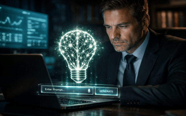 Un hombre con traje concentrado frente a su computadora, con un holograma brillante de una bombilla hecha de nodos interconectados flotando en primer plano, simbolizando una idea tecnológica o innovación en inteligencia artificial.