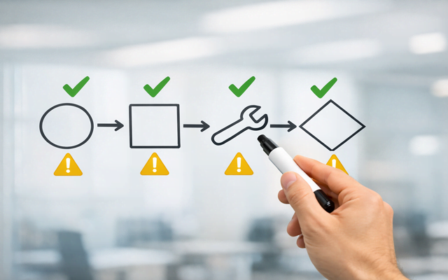 Mano sosteniendo un marcador negro apuntando a un diagrama de flujo con iconos de advertencia amarillos y marcas de verificación verdes que indican optimización de procesos.
