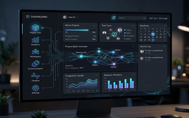 Interfaz digital oscura de un panel de control con métricas, gráficos de barras y nodos de automatización conectados.