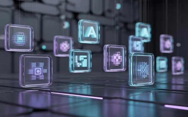 Cubos tridimensionales e iluminados con iconos tecnológicos flotando sobre un fondo digital.