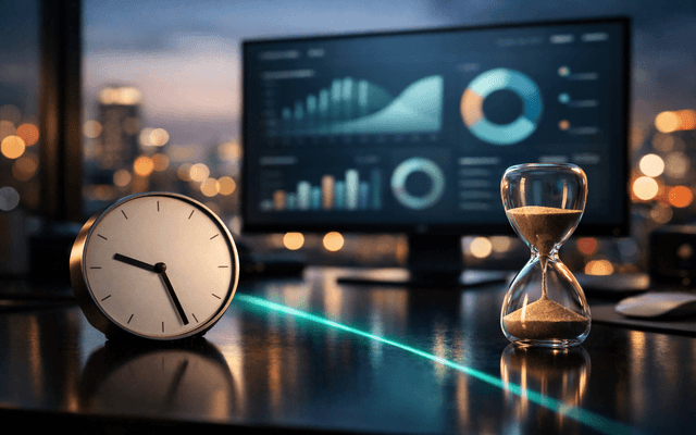 Un reloj despertador clásico y un reloj de arena en primer plano sobre un escritorio, con monitores que exhiben gráficos financieros desenfocados al fondo.