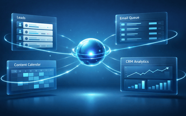 Esfera de datos brillante en un entorno digital azul que conecta paneles flotantes de CRM Analytics y automatización de correo electrónico.