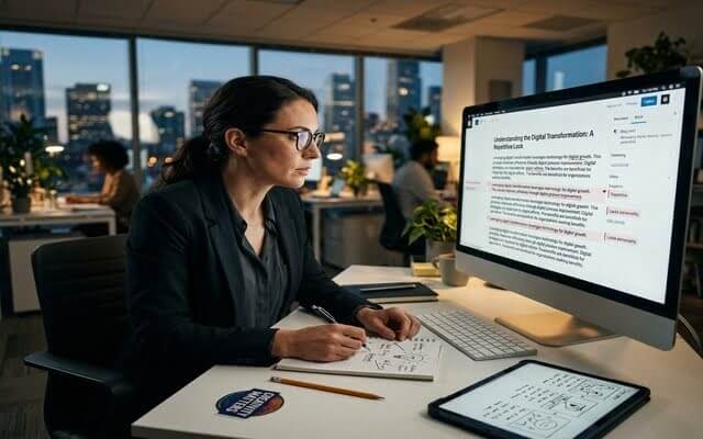 Una mujer de traje trabajando concentrada frente a una computadora de escritorio grande con texto en pantalla en una oficina corporativa.