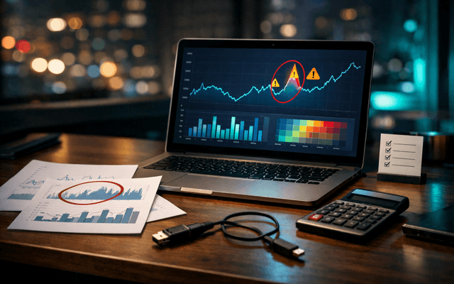 Una computadora portátil abierta con gráficos estadísticos en pantalla, acompañada de informes impresos, una calculadora y una taza de café en un escritorio de madera.