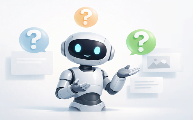 Robot interactivo de asistencia virtual en 3D con globos de diálogo y signos de interrogación, ideal para ilustrar soporte automatizado e Inteligencia Artificial.