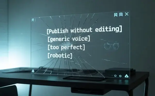 Pantalla digital con cristal quebrado y un listado de textos técnicos sobre edición y voz robótica.