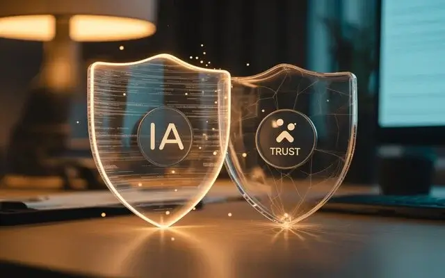 Dos escudos holográficos brillantes con las inscripciones "IA" y "TRUST".