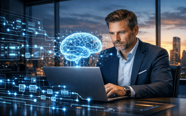 Hombre enfocado con cerebro digital sobre laptop.