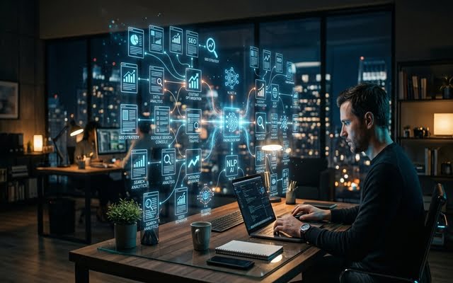 Espacio de trabajo tecnológico con pantallas e interfaces flotantes abstractas que representan la recolección de datos y la automatización con IA.