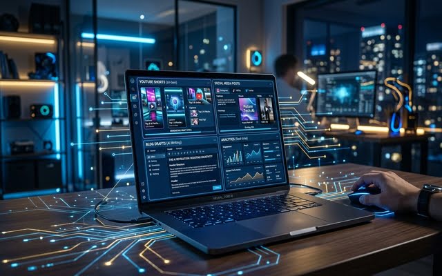 Computadora portátil en un escritorio de oficina con una pantalla dividida que muestra diferentes formatos de contenido digital.