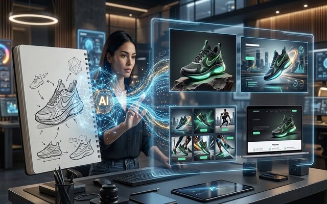 Diseñadora transformando bocetos a mano en renders de productos comerciales de alta calidad usando inteligencia artificial.