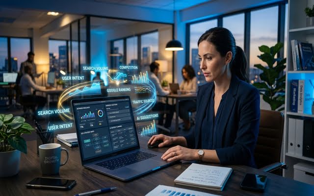 Profesional analizando métricas de rendimiento y gráficos SEO en una laptop dentro de un espacio de trabajo moderno.