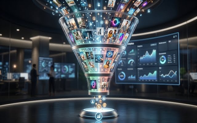 Embudo de conversión digital procesando creatividades e imágenes generadas por IA para campañas de marketing.