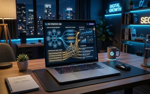 Pantalla de laptop que muestra una interfaz con la estrategia de distribución de contenidos y flujos de trabajo automatizados.