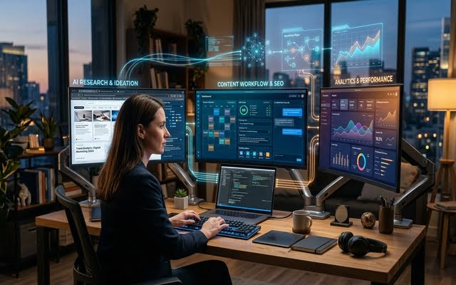 Profesional en una oficina trabajando frente a múltiples pantallas con paneles de control de datos y diagramas de flujos de trabajo con inteligencia artificial.