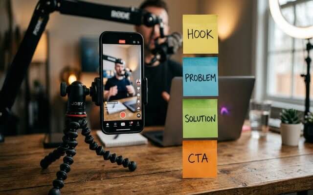 Grabación de video corto con celular en trípode junto a notas del Método GPS con Hook, Problem, Solution y CTA.