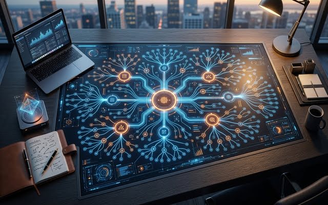 Vista en primer plano de un esquema luminoso en forma de red neuronal o clúster temático, representando la estructura de un ecosistema digital estable.