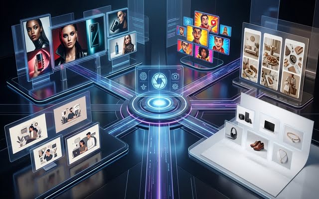 Red centralizada de paneles digitales organizando imágenes y contenidos para redes sociales creados con IA.