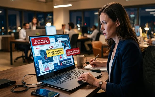 Mujer enfocada analizando datos de rendimiento y optimización de contenido en su computadora portátil dentro de un entorno de oficina moderno.