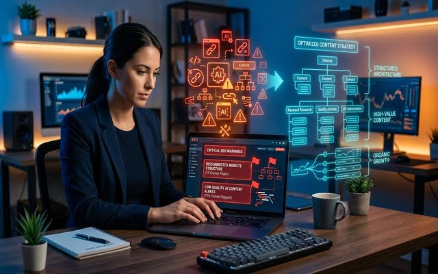 Mujer profesional trabajando frente a una laptop mientras se proyectan gráficos holográficos de palabras clave y optimización SEO en el fondo.