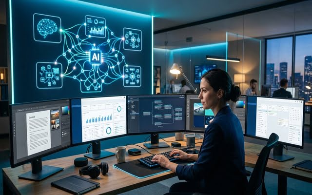 Estación de trabajo con herramientas digitales integradas para potenciar la IA.