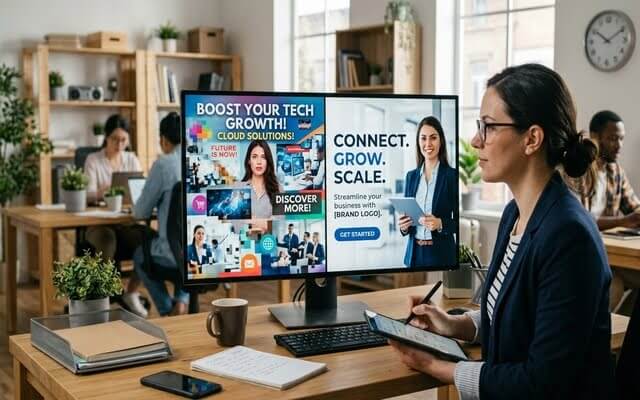 Monitor con anuncio publicitario interactivo optimizado para estrategias de conversión y crecimiento digital.