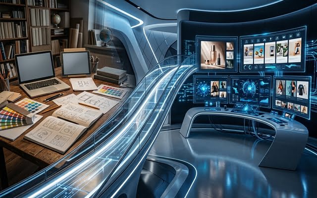 Evolución del diseño tradicional en bocetos a un entorno digital moderno con herramientas de IA.