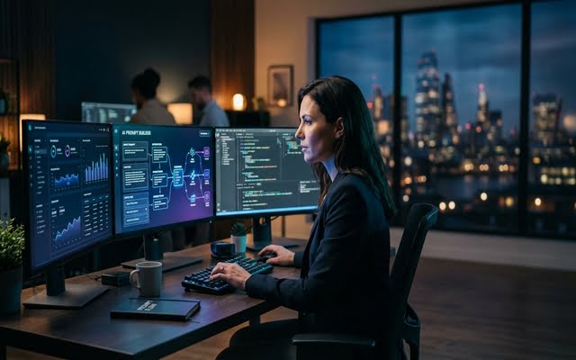 Persona trabajando con inteligencia artificial y monitores en una oficina.