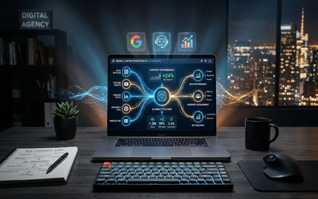 Laptop mostrando un mapa conceptual interconectado con iconos de Google, Inteligencia Artificial y analítica web en un entorno de oficina nocturna.