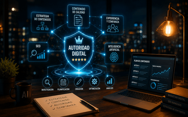Interfaz digital futurista con un escudo central iluminado que dice "Autoridad Digital" conectado a iconos de estrategia de contenido y análisis SEO.