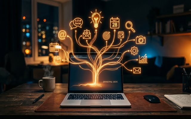 Laptop proyectando un árbol de ideas brillante con iconos de marketing digital.