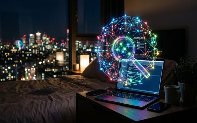 Lupa holográfica sobre una laptop analizando red de datos e inteligencia artificial.
