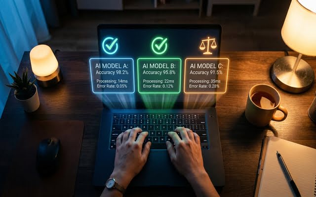 Manos escribiendo en laptop con pantalla holográfica comparando tres modelos de IA.