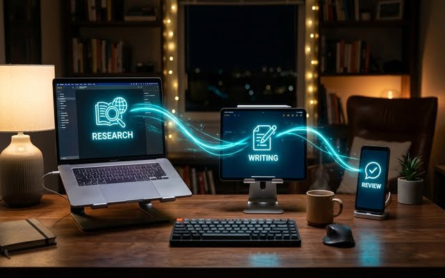 Conexión de flujo de trabajo digital entre investigación (Research) y redacción (Writing) con IA.
