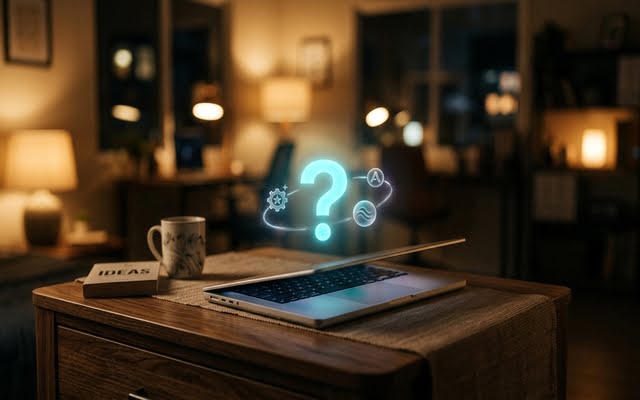 Signo de interrogación brillante sobre laptop representando la elección de herramientas de IA.