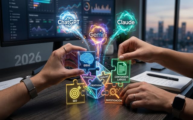 Manos armando un rompecabezas digital con logos de ChatGPT, Claude y Gemini para marketing.