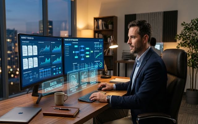 Emprendedor analizando datos en monitores dobles, mostrando para qué sirve la inteligencia artificial y Claude en un negocio.