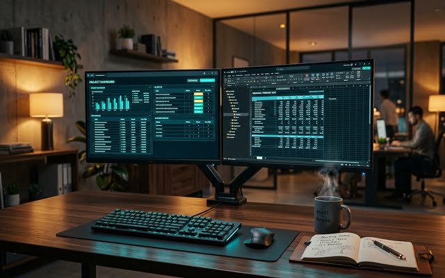 Monitor de oficina mostrando análisis de datos y carpetas estructuradas.