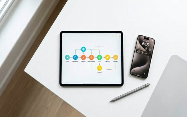 Dispositivos móviles con diagramas de flujo de trabajo para creación de contenido