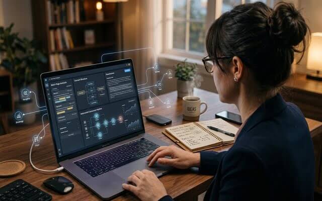 Profesional trabajando en automatizaciones, análisis de documentos y flujos de trabajo eficientes con IA desde su computadora portátil.