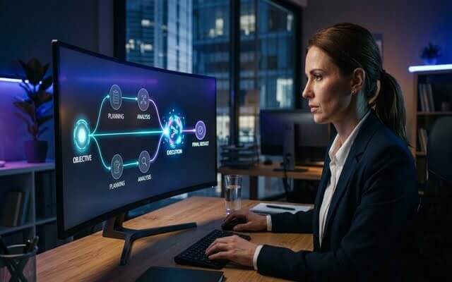 Flujo de trabajo secuencial y procesos digitales en pantalla panorámica.